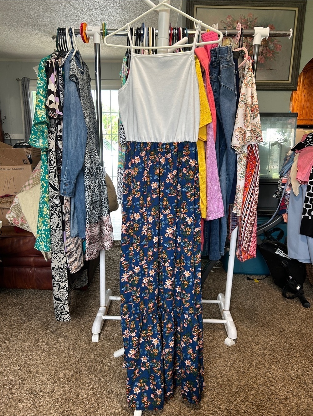 B Famous Navy Floral Maxi Dress with White Bodice Size L
